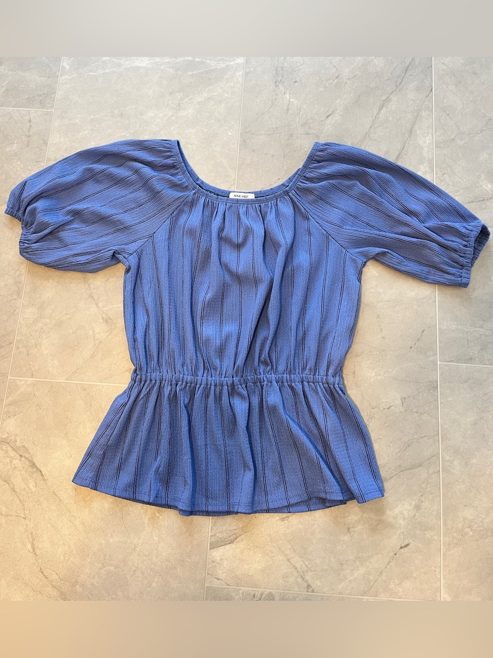 Nine West Blue Peasant blouse with Smocked Waist and Puff Sleeves size S women
